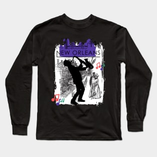 Purple New Orleans Louisiana Mardi Gras City Skyline Music Jazz Travel holidays Long Sleeve T-Shirt